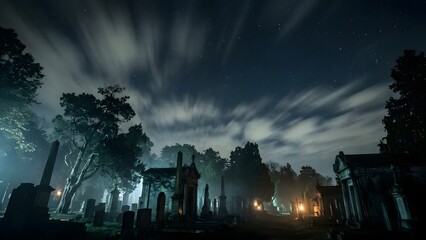 Mysterious Night Scene with Ancient Ruins and Clouds.
