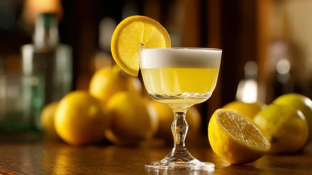 Refreshing Yellow Cocktail in Stemmed Glass Adorned with Lemon Slice on Wooden Table with Blurred Background of Lemons and Bottles in Warm Light