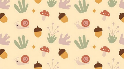 Whimsical forest pattern with snails, mushrooms, and acorns on cream background