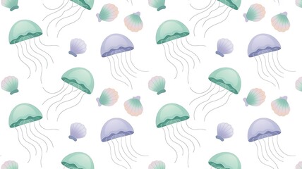 Whimsical jellyfish and seashells pattern on white background