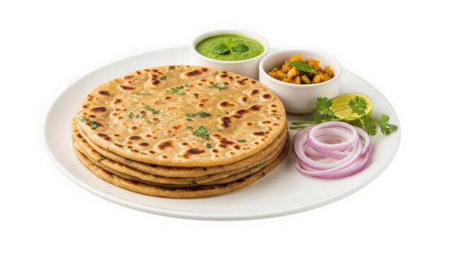 Stack of aloo paratha served with green chutney, pickle, and onion rings isolated on transparent background