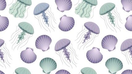 Vibrant jellyfish and seashells in pastel colors on white background