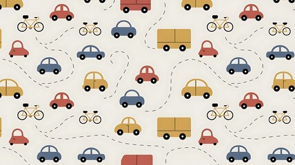 Colorful vehicles on road patterns for kids wallpaper or fabric