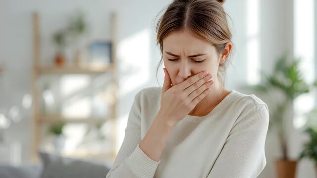 Young woman covering mouth with hand expressing nausea or discomfort inside bright home interior