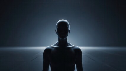 Abstract 3d illustration of a naked human body silhouette and face anatomy in a dark blue room featuring a black mannequin model