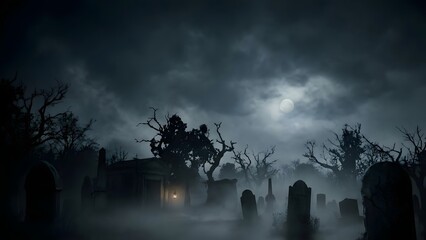 Spooky Graveyard Scene with Haunted House at Night.