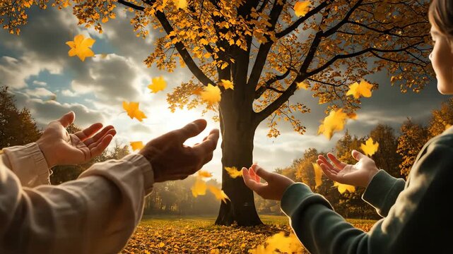 Hands raised in prayer and gratitude towards a majestic autumn tree as golden leaves fall in a serene forest setting.