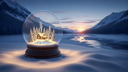 Snow globe scene with castle and mountain landscape at sunset