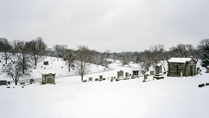 Snow Covered Farm Landscape with Buildings.