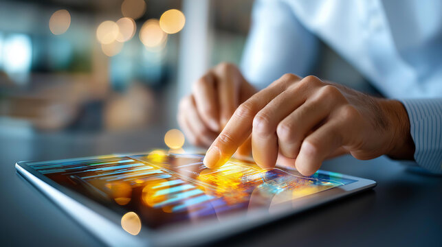 Professional examining digital financial interface, market trends analysis, investment strategy evaluation, data-driven research tools, defocused modern office, with copy space - Powered by Adobe