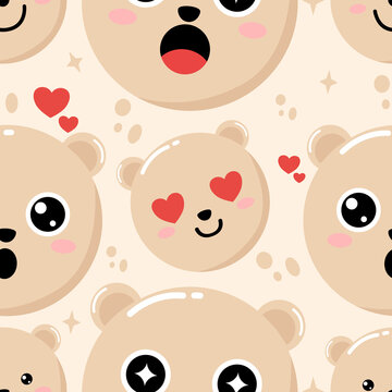 Seamless Pattern of Cute Kawaii Teddy Bear Emoji Faces with Heart Eyes and Different Expressions for Kids Nursery Fabric and Wallpaper
