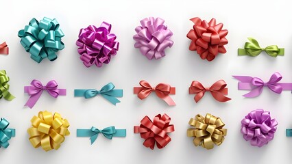 A Vibrant Assortment of Colorful Gift Bows and Satin Ribbons on a Clean White Background for Festive Celebrations and Special Occasions