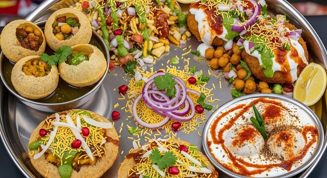 Assortment of Indian Street Food Chaat Platter with Pani Puri, Dahi Bhalla, and Sev Puri.