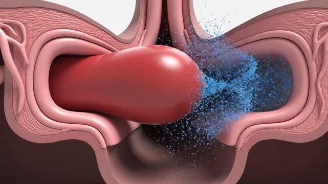 Anatomical CGI Animation of Full Airway Obstruction with Red Object Blocking Passage and Water Particle Effect on Pink Background Medical Education