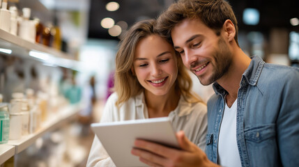 Couple examining digital tablet in minimalist retail space, eco-product comparison, sustainable shopping research, ethical sourcing evaluation, conscious consumer behavior, defocused store