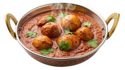 Delicious indian dum aloo curry in traditional copper karahi bowl isolated on transparent background