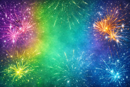 Vibrant colorful fireworks exploding in a bright night sky with green blue and purple colors for a festive celebration of new year or holiday event