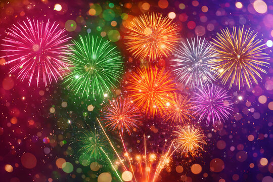 Vibrant multicolored fireworks exploding in the night sky with bright colors and bokeh light for happy new year celebration and holiday party background for events
