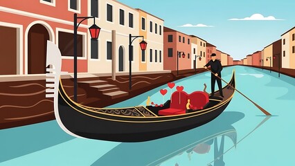 A gondolier navigates a traditional black gondola, adorned with red hearts, through a calm Venetian canal. This romantic vector illustration captures the charm of a getaway in Italy.