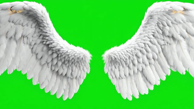 Realistic White Angel Wings Unfolding and Flapping on a Green Screen Background Animation