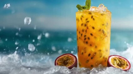 A vibrant, exotic drink, rich in tropical flavors, is beautifully presented in a glass overflowing with crushed ice and garnished with fresh mint leaves. Halved, juicy passion fruits sit beside the re