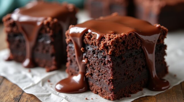 Rich chocolate brownie slices stacked with melted chocolate glaze. Moist baked squares with gooey topping, perfect dessert for any occasion. Decadent sweet treat.
