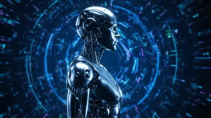  Futuristic humanoid robot profile against a vibrant digital data stream tunnel background - Powered by Adobe