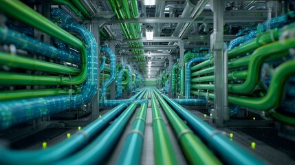 AI Decision-Making Logic Diagram with Industrial Data Pipeline and Glowing Green Pipe Network in Symmetrical Technical Perspective.