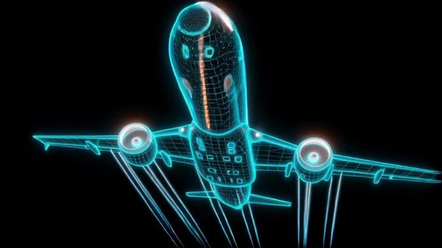 3D wireframe model of an airplane against a dark background