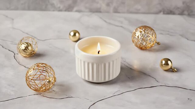 Aromatic candle in white ramekin with gold christmas ornaments on marble surface