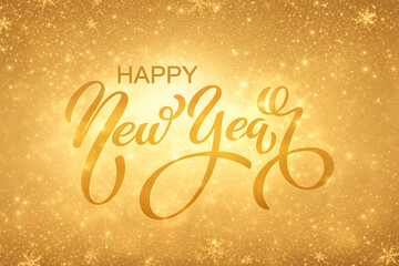 Happy new year elegant gold calligraphy script on a shimmering golden glitter background with snowflakes for luxury holiday season greeting and festive winter celebration design