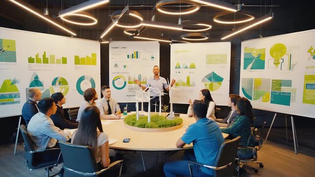 Business meeting presentation on renewable energy and sustainability with wind turbine models and data charts