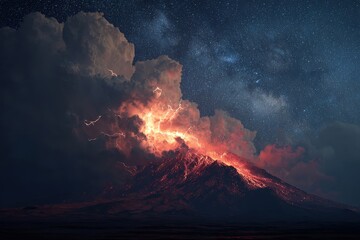 Fototapeta premium Celestial Inferno - A Luminous Storm Cloud Burns Against the Milky Way.