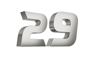 3d Silver number 29 Twenty nine sleek metallic look with a slight shadow effect, 3d illustration