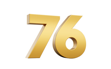 3D Golden number 76 Seventy six with a shiny metallic finish and sharp edges, 3d illustration