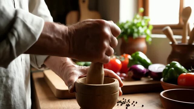 Chef grinding black peppercorns in a wooden mortar with a pestle in a rustic kitchen setting