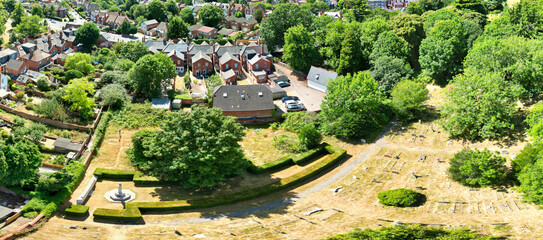 High Angle Ultra Wide Panoramic View of Iconic Buildings at Central Reading London City and Town Centre. Aerial Drone Tour of England United Kingdom. July 11th, 2025