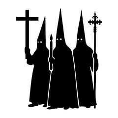 Fototapeta premium Dibujo con silueta de una procesión de Semana Santa española con figuras encapuchadas y cruces 