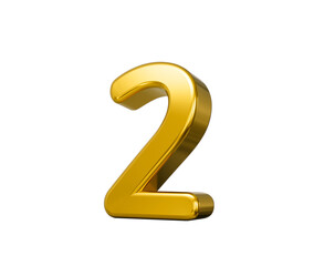 A bright golden metallic number two with volumetric depth and soft highlights. 3D illustration.
