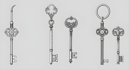 set of vintage keys, antique key collection, old metal keys isolated, retro skeleton keys set, classic iron keys bundle, Victorian style keys vector, rustic antique keys illustration, medieval door ke
