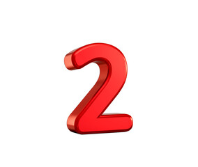 Polished red number two with rounded shape and reflective surface, 3d illustration