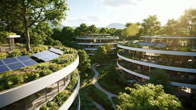 Futuristic sustainable architecture seamlessly integrated with lush green forest landscape featuring solar panels