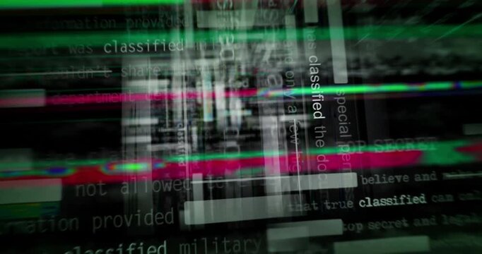 Classified top secret headline news titles across media. Abstract concept displays loop. Flight between screens with glitch effect seamless and looped 3d.