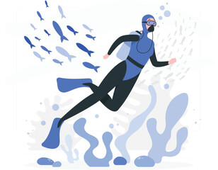 Scuba diver swimming with fish underwater blue wetsuit des © Monika