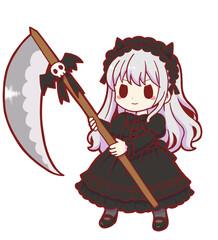 Cute Gothic Grim Reaper Girl with Scythe, Chibi Hand Drawn Halloween Illustration