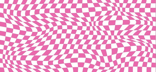 Distorted checkered square grid, quirky pattern wallpaper, playful stylish wide background