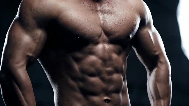 Close up shot of a fit man's sculpted abs and muscular chest with sweat glistening under dramatic lighting