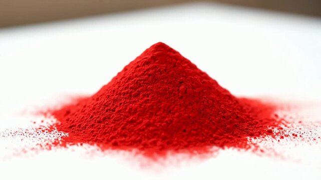 Close-up shot of a vibrant red powder piled into a perfect cone shape on a white surface