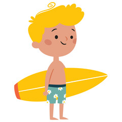 Cute boy in swimming trunks holding a surfboard, vector illustration in simple children's style on a white background . Vector illustration