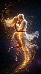 Two luminous beings embrace in a weightless cosmic space, their bodies formed from golden light and flowing stardust.